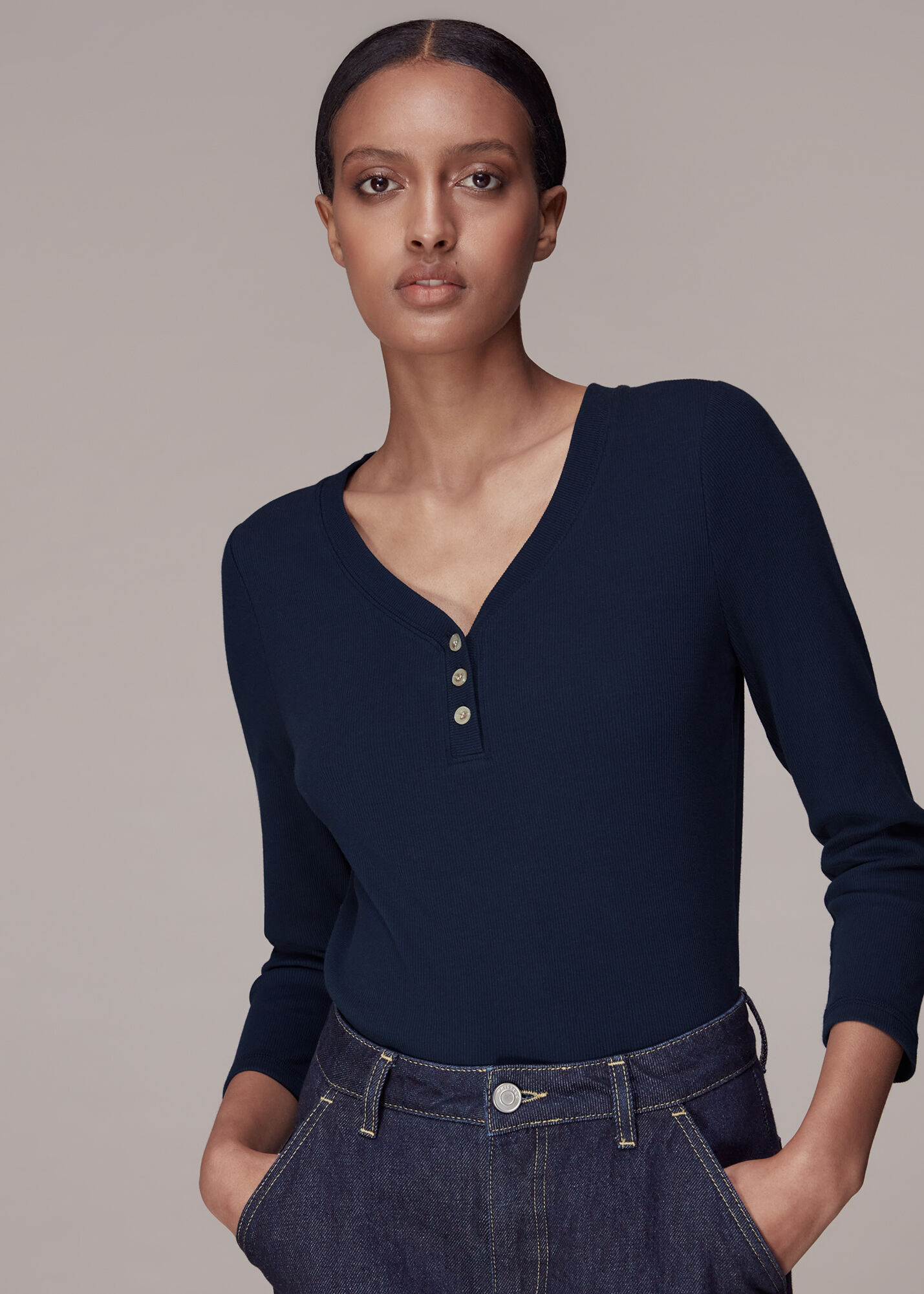 Navy Paiton Ribbed Button Front Top | WHISTLES | Whistles US |